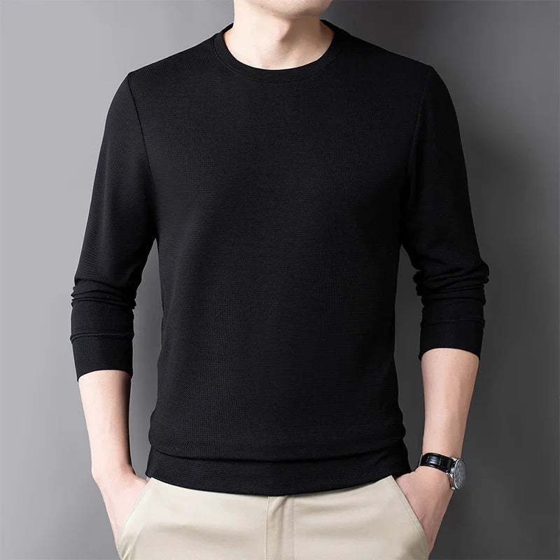 Men Casual Waffle Round Neck T-shirt Breathable, Comfortable, and Fashionable Long Sleeved T-shirt.