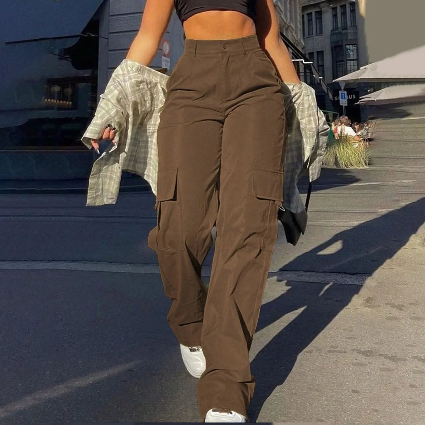 Ladies' Street Fashion Multi Pocket Cargo Pants Summer Solid Color Straight Leg Pants High Waist Slimming Loose Fit Cargo Pants