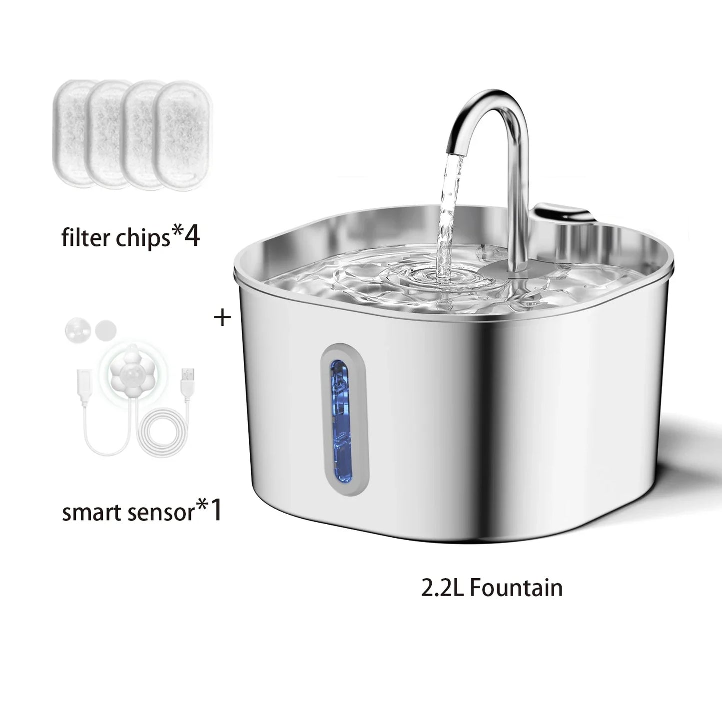 2.2L Automatic Cat Water Fountain Square Stainless Steel Pet Water Feeder Dog Water Fountain with Window（No 5V 1A Plug）