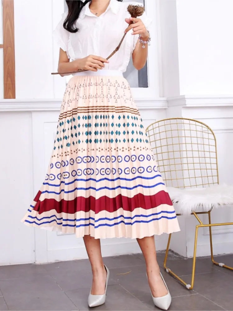 2023 Summer Women Cartoon Print Pleated Skirts A Line High Waisted Elastic Midi Long Skirt Ladies Party Korean Style Dresses