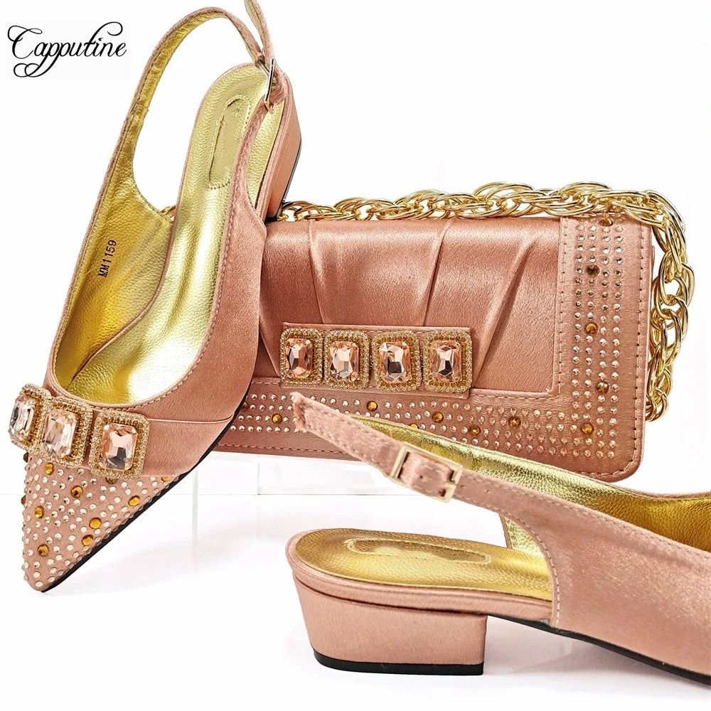 Peach Women Shoes And Bag Set Luxury  Ladies Sandals Match With Handbag Clutch Medium Heels Pumps Sandales Femmes MM1159