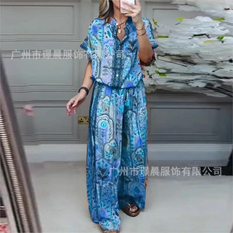 Retro Bohemian Print Set 2025 Summer Women's Two-piece Suit Short-sleeved Shirt Top + Wide-leg Pants for Summer Vacation Female