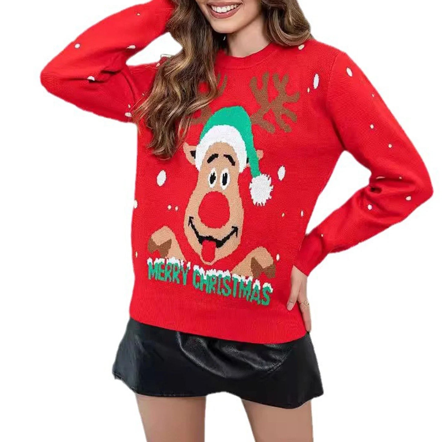 Women s Christmas Sweaters Long Sleeve Round Neck Reindeer Print Loose Pullover Knit Tops