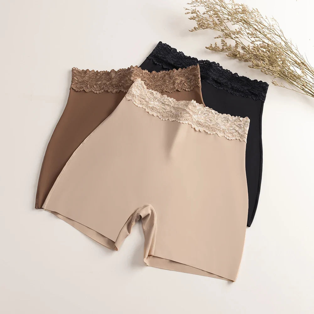 Giczi New Women's Lace Trim Panties Satin Seamless Safety Shorts Anti-Exposure Underwear Tummy Control Shaping Breathable Boxers