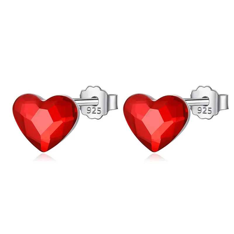 TrustDavis Authentic 925 Sterling Silver Sweet Red Zircon Love Heart Stud Earrings For Women Sterling Silver Jewelry Gift DA735