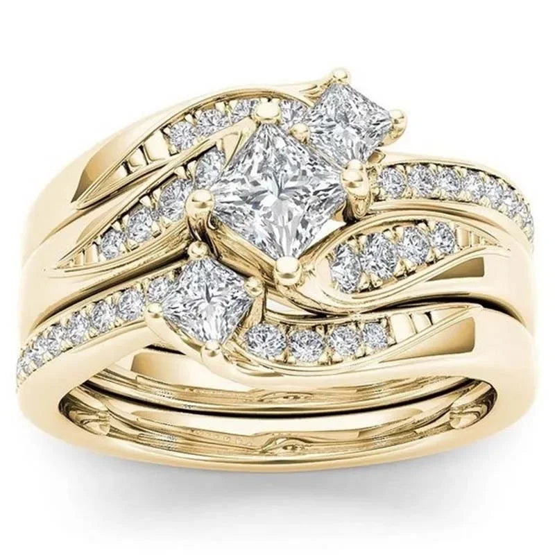Princess 3Pcs set Charm Yellow   Ring Anniversary  Engagement Bridal Wedding Rings Jewelry For Women