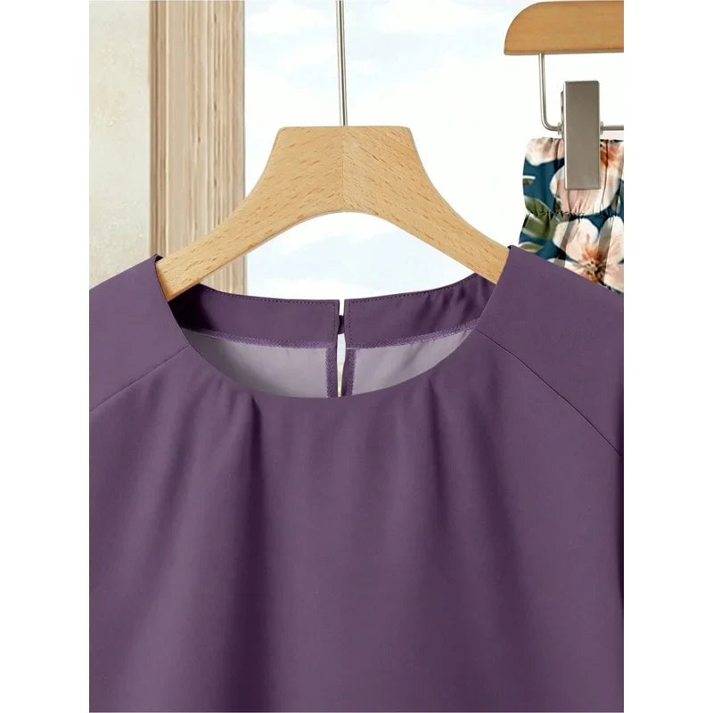 Retro plus Size Women's Ink Purple Printed Skirt Set with Simple Purple Short-Sleeved T-Shirt Elegant Casual Women's Outfit