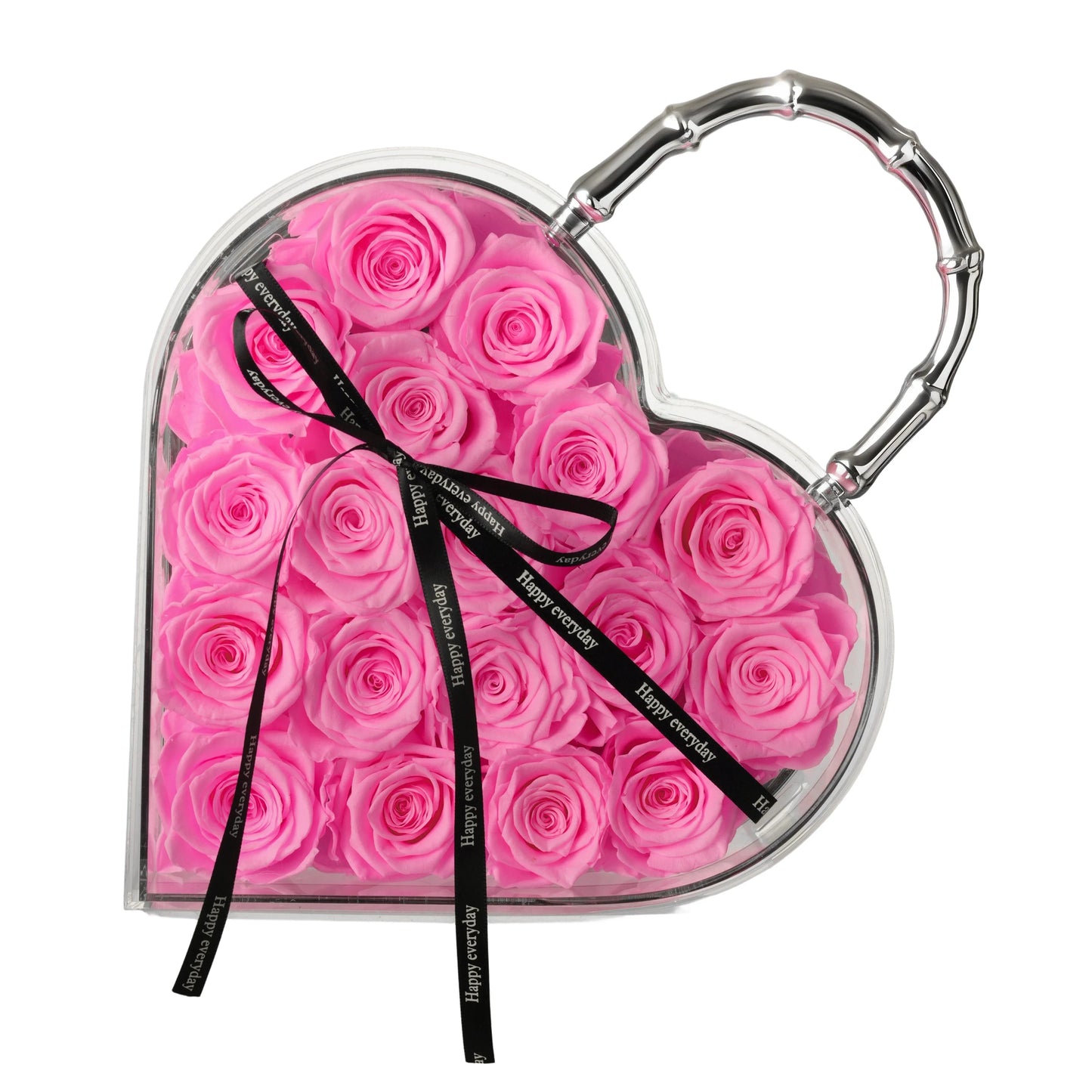 18 Preserved Roses in Heart Acrylic Display Case with Handle, Home Decor & Holiday Gift for Women, Anniversary, Valentine’s Day