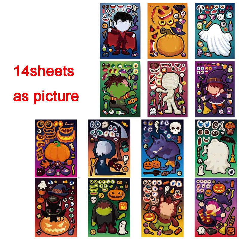 Halloween Party Favors Stickers for Kids 6-24sheets DIY Ghost Witch Mummy Make A Face Stickers Children Toddles Puzzle Jigsaw