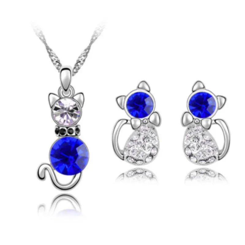 Crystal cute cat catty pendant necklace earrings quality charm lover gift fashion jewelry set birthday summer party dropshipping