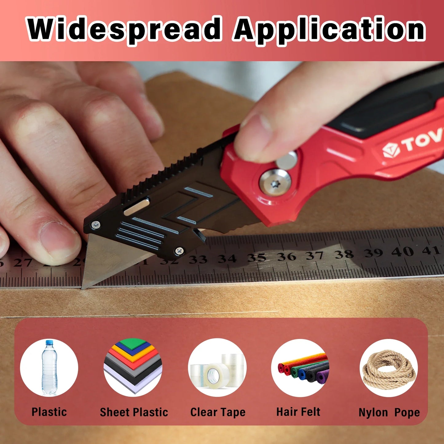T TOVIA Folding Utility Knife with Blade Storage - Quick-Change Retractable Box Cutter, 3 Extra Blades in Handle, Aluminum Body.