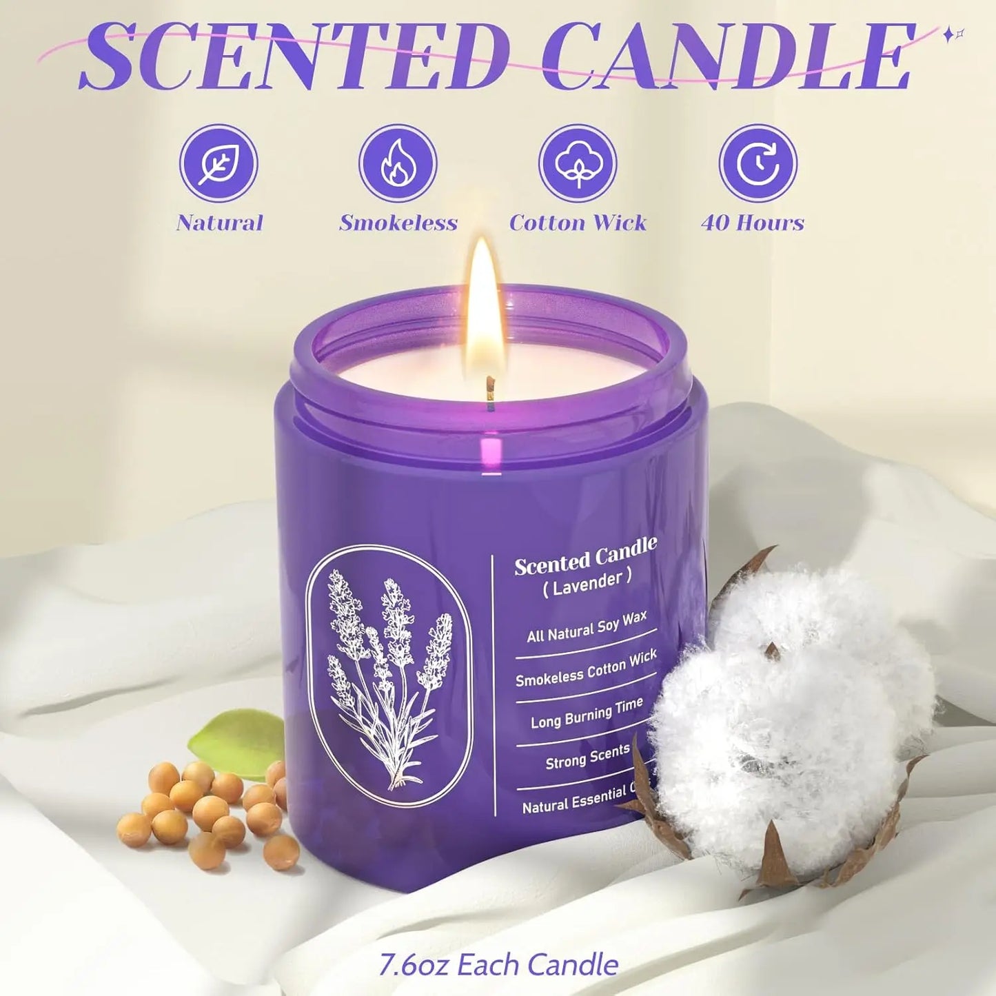 7.5oz Lavender Scented Soy Candle Highly-Scented for Women, Mom, Girlfriend Christmas Birthday Gift.