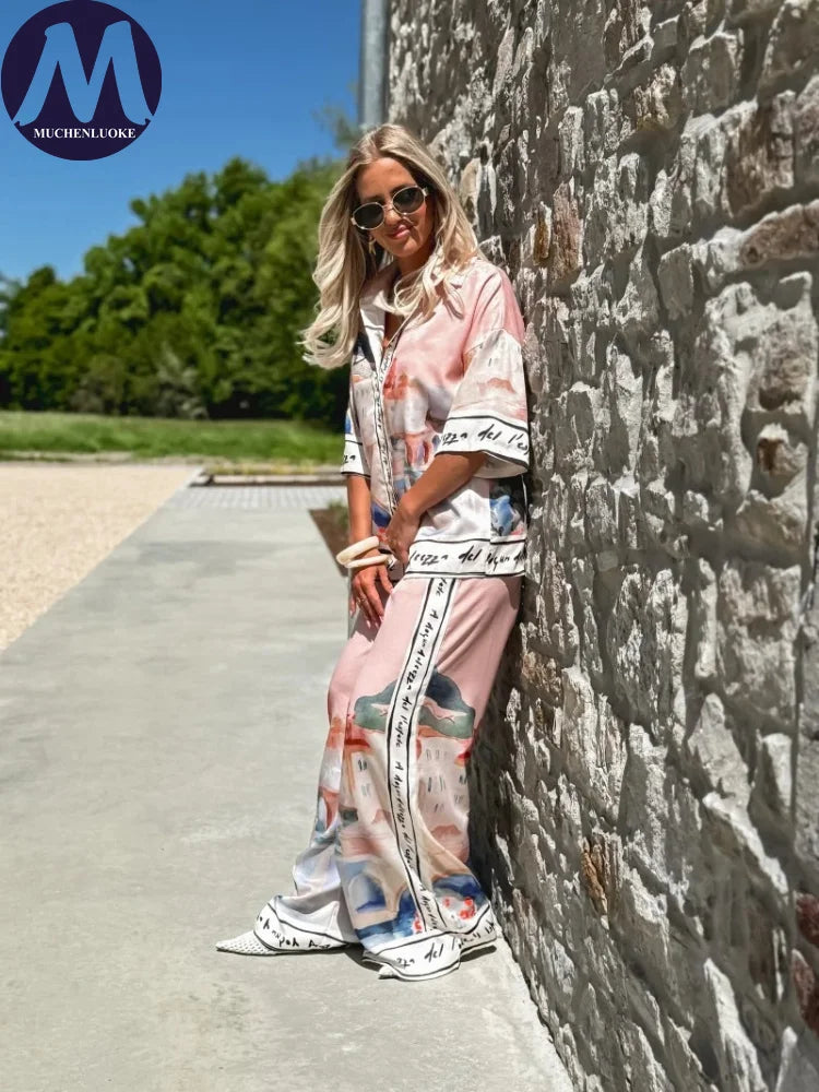 Women's Summer 2-Piece Set Elegant Printed Top & Casual Loose Wide Leg Pants Ensemble with Half Sleeve Fashionable