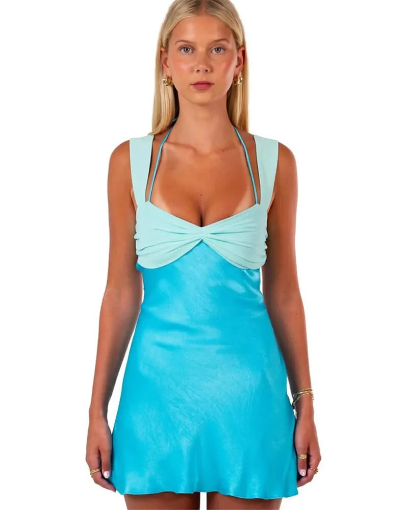 Mozision Patchwork Sleeveless Sexy Mini Dress For Women Robe Satin Strapless Backless Lace-up High Waist A-line Club Dress