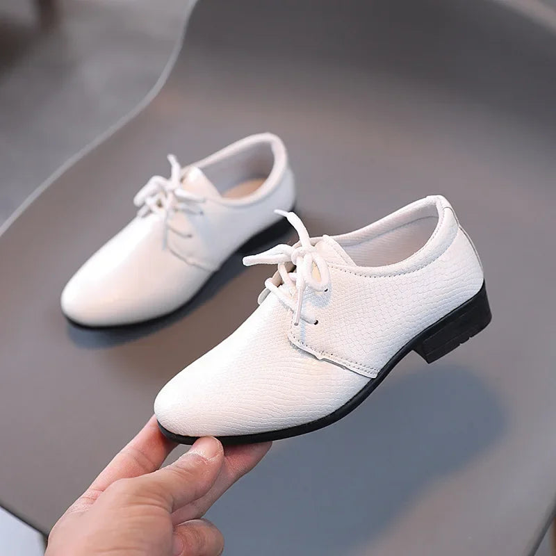 Boy Leather Shoe Black ,White Versatile Flats for School, Causal Fashion Lace-up Formal Uniform Shoes.