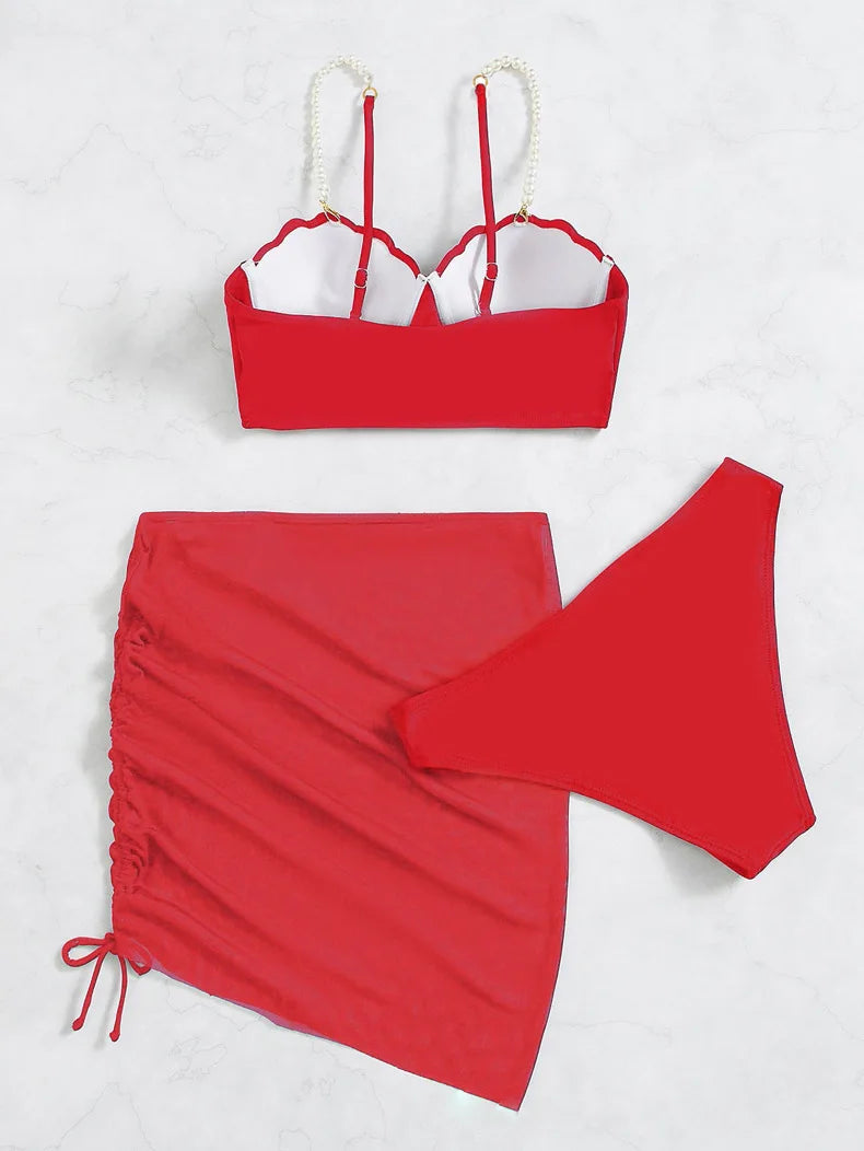 New Swimsuit Women Three Piece Set Solid Blue/Red/Orange/Black Summer Bikini European American Scallop 2024 Swimsuits Wholesale