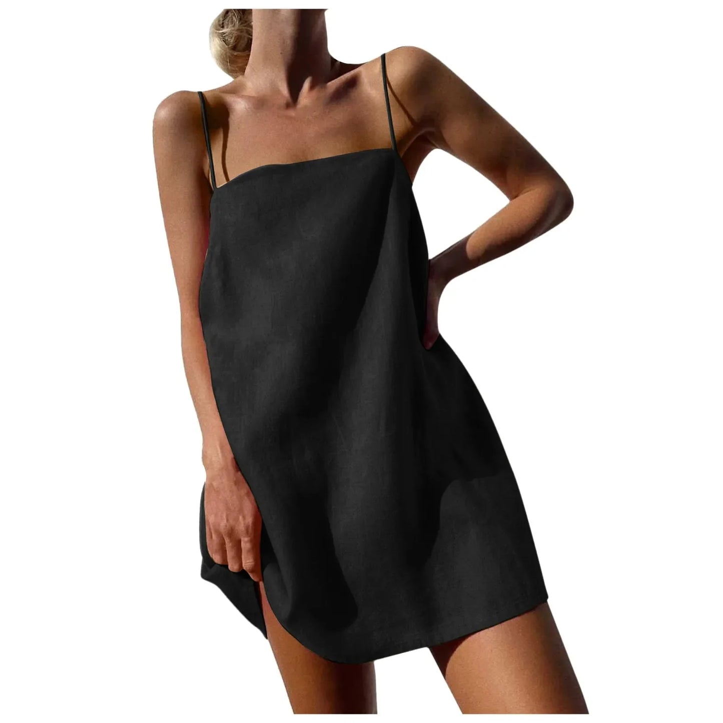 Summer Dresses Women Linen Vacation Cute Spaghetti Strap Fashion High Waist Backless Pockets Casual Summer Beach Dress