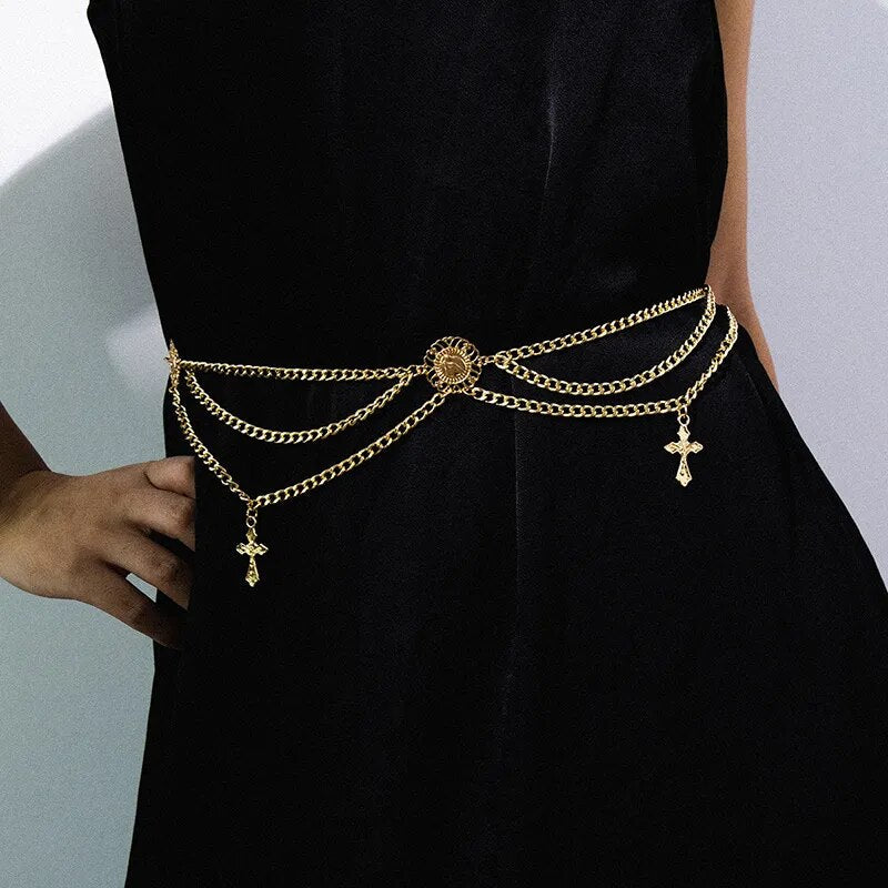 Fashion Round Brand Alloy Multi-Layer Exaggerated Body Chain 2023 New Women Queen Head Retro Street Snap Beam Party Waist Chain