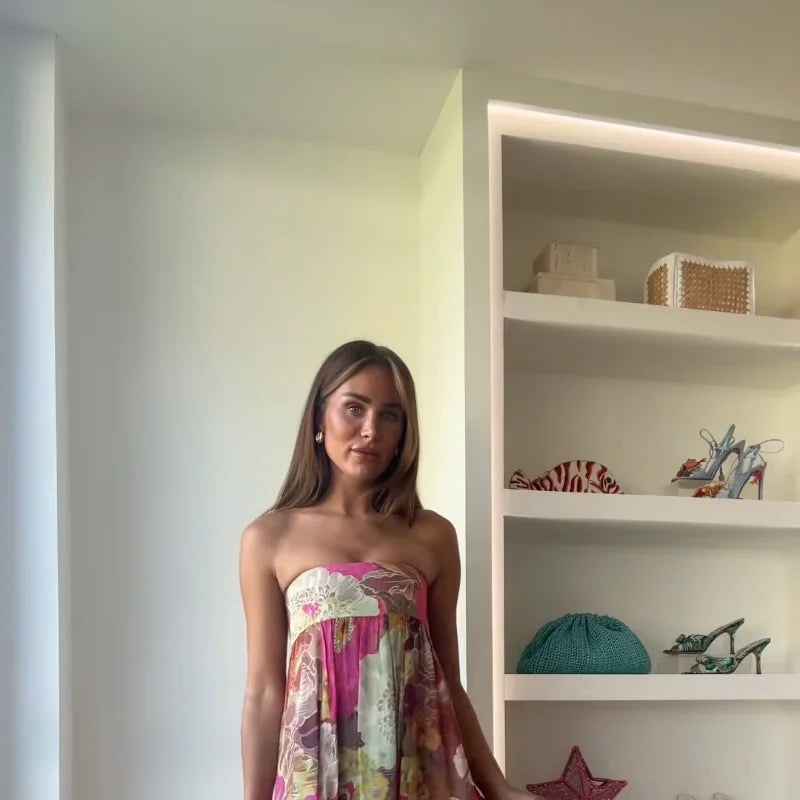 Retro Printed Strapless Long Dress Fashion Women's Sleeveless Off Shoulder Pleated Vestidos 2025 Summer Lady Beach Party Robes