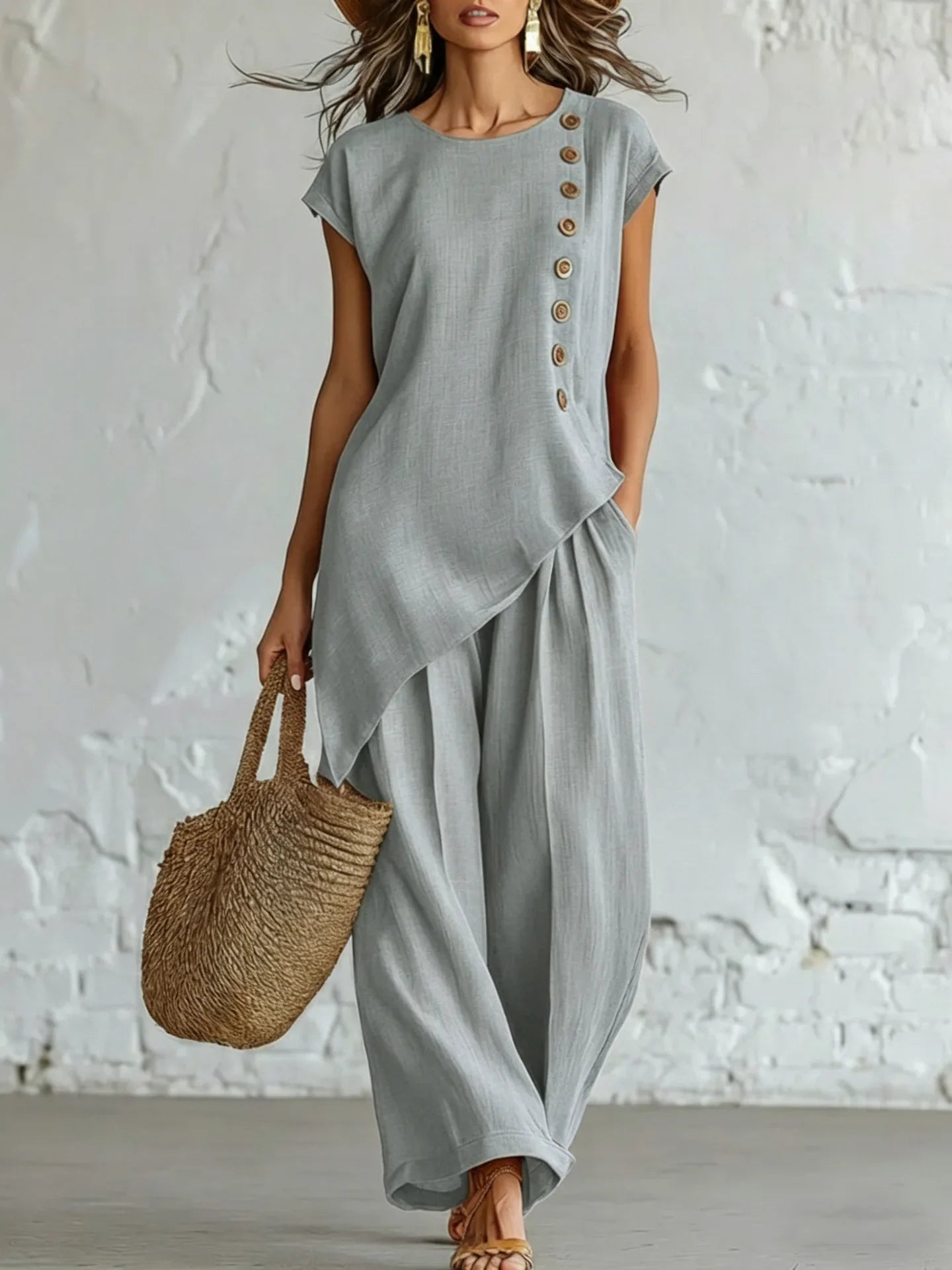 2026 Women 2 Piece Set Elastic Waist Pocket Button Decorate Wide Leg Pants+Solid Blouse Suit Casual Top Trousers Lady Outfits