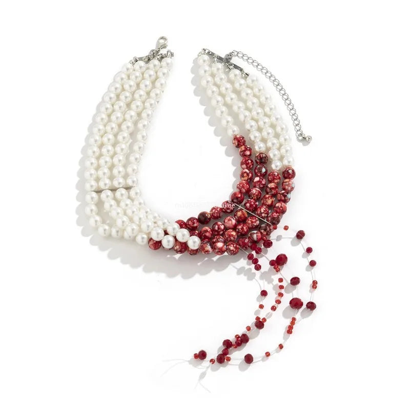 Goth Vintage Red Blood Pattern Imitation Pearl Chain Necklace for Women Wed Bridal Long Tassel Beads Pendant Halloween Jewelry