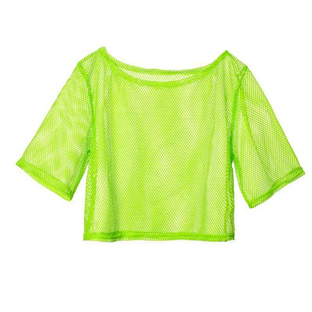 Women Fishnet Tank T-Shirt Casual Crop Tops See Through Mesh Top Women's Mesh Yoga Shirt Sexy Mesh Cover Up Party Dance Top