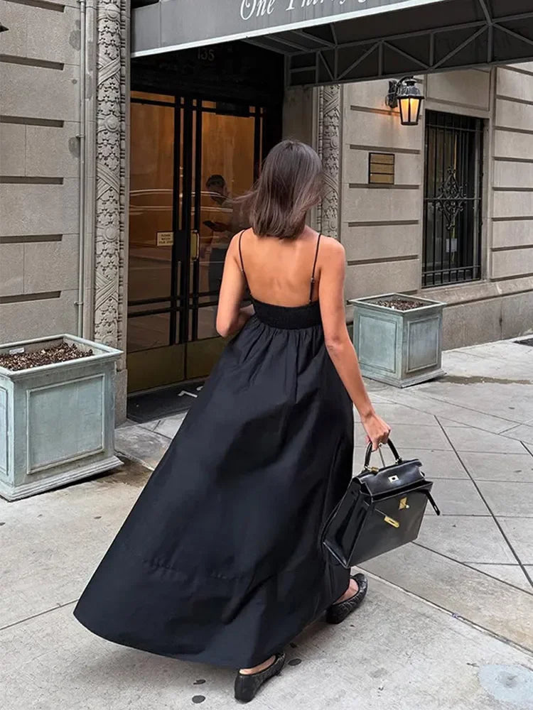 Solid Backless Spaghetti Strap Dress Women's Fashion Loose High Waist A-line Vestidos Summer Lady Holiday Street Robes 2025 New