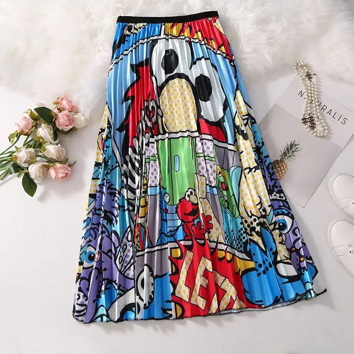 2023 Summer Women Cartoon Print Pleated Skirts A Line High Waisted Elastic Midi Long Skirt Ladies Party Korean Style Dresses