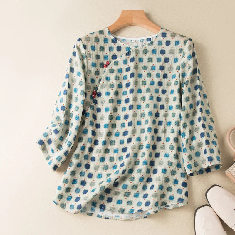 Vintage Cotton Linen Ramie Crewneck Tops Women's New Loose Pullover Print Shirt Casual Summer Tops