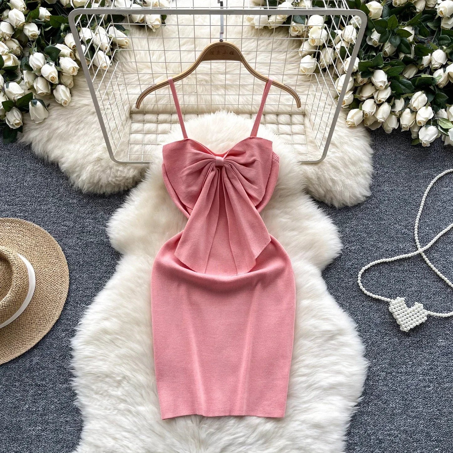 2024 Sexy Backless Lace Solid Knitted Bow Summer Dress Women Black Mini Party Dress Bodycon Sheath night Club Outfits