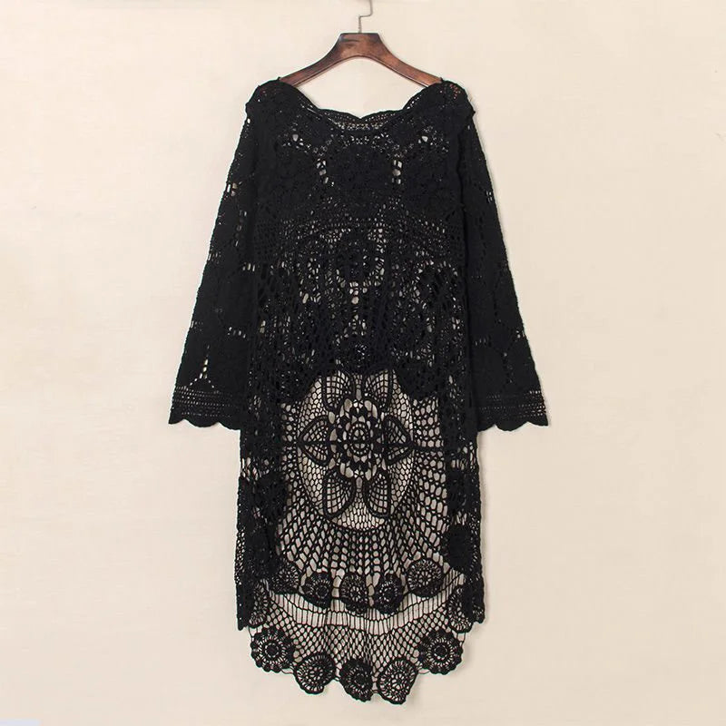 Knitted Beach Bikini Swimsuit Smock Dress Bikini Cover Up Pullover Boho Crochet Blouse Tops Women Tunic Robe Holiday Travel Wear
