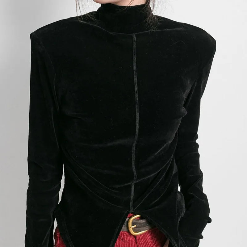 Turtleneck Tshirts Women Front Side-slit Solid Color Soft Female Long Sleeve Tops Leisure Tees Autumn All-match Irregular Slim