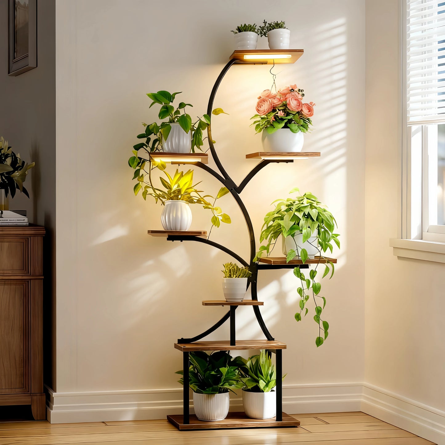 8‑Tier Metal Plant Stand with LED Grow Lights, Irregular Multi‑Layer Flower Rack for Multiple Potted Plants, Heavy Duty Plant Display Shelf for Indoor Patio Living Room Study Bedroom, Ideal Gift for Plant Lovers