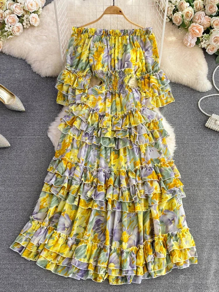 Summer New Off Shoulder  Wrap Waist to Show Thin A-line Fragmented Cake Dress Women's Beach Vacation Chiffon Long Dress GD820