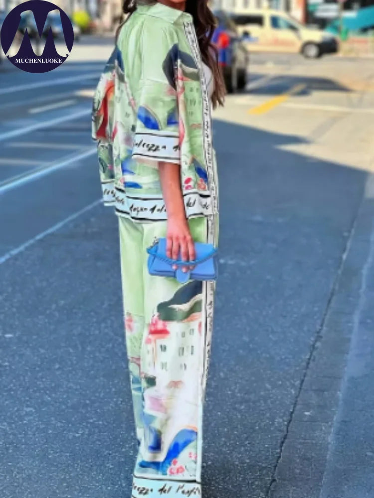 Women's Summer 2-Piece Set Elegant Printed Top & Casual Loose Wide Leg Pants Ensemble with Half Sleeve Fashionable