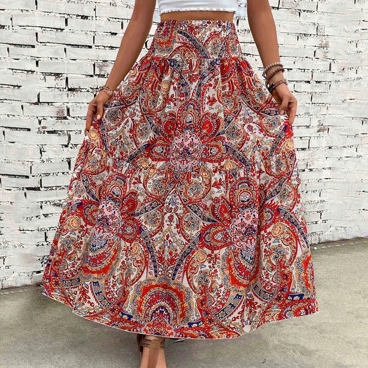 Vintage Boho Skirts For Women Summer Elastic Waist A-Line Faldas Bohemian Printed Flowy Skirt Beachside Swing Maxi Long Skirts