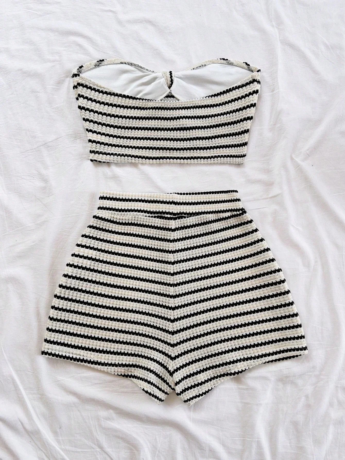 Women's Elegant 2-Piece Fashion Striped Set with Butterfly Detail Top and High-Waisted Shorts.