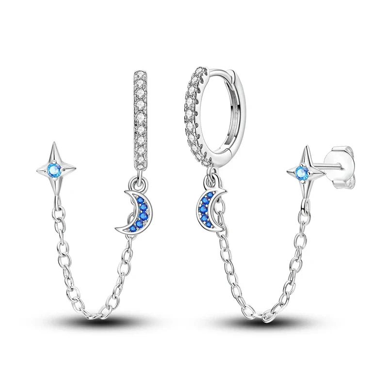 Lovely 925 Sterling Silver Colorful Double Layer Starry Moon&Cat and Dog Cute Pet&Pink and Purple Flower Earrings Girl Jewelry