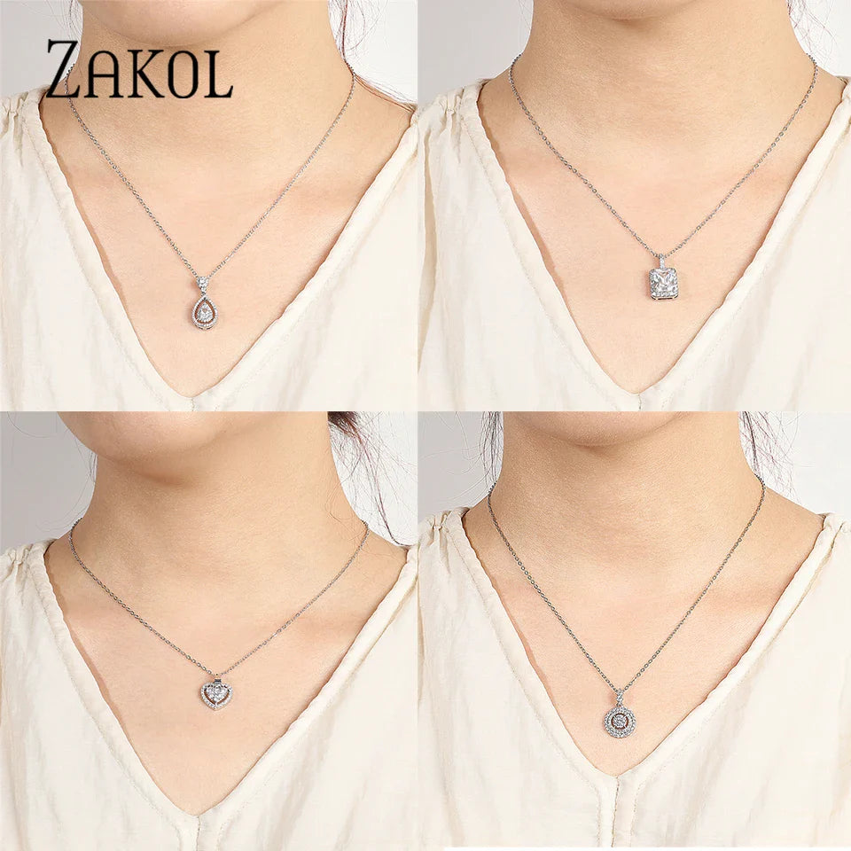ZAKOL Simple Round Zirconia Pendant Necklaces for Women Shiny Crystal Fashion Party Dress Jewelry