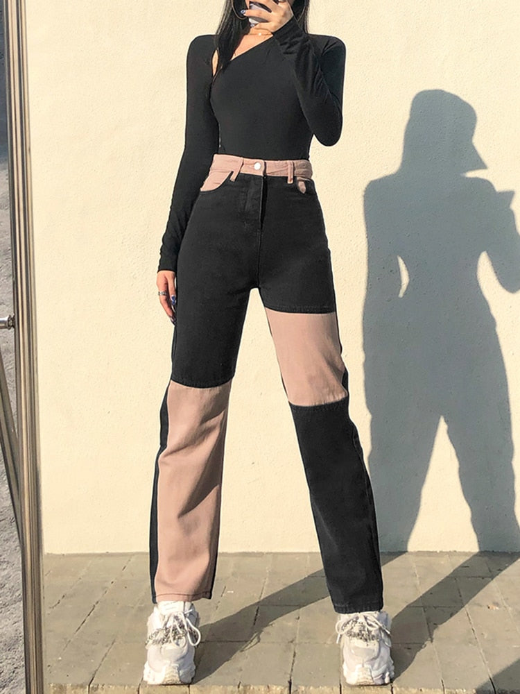 HEYounGIRL Patchwork Casual Blue Straight Long Jeans Pants Women Skinny Slim Elegant High Waist Denim Trousers Ladies Autumn