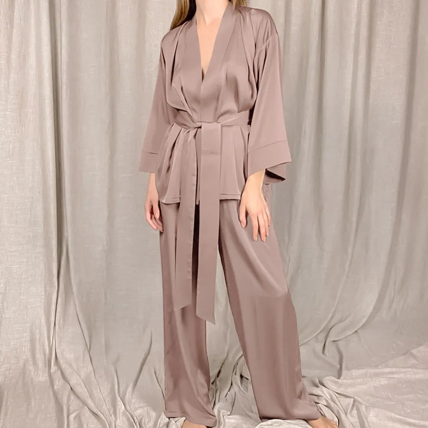 Women's 2024 Matching Sets Pajamas With Belt Satin Tow Pieces Suit Soft Loose Pyjamas Casual Solid Sleepwear Female Home Clothes