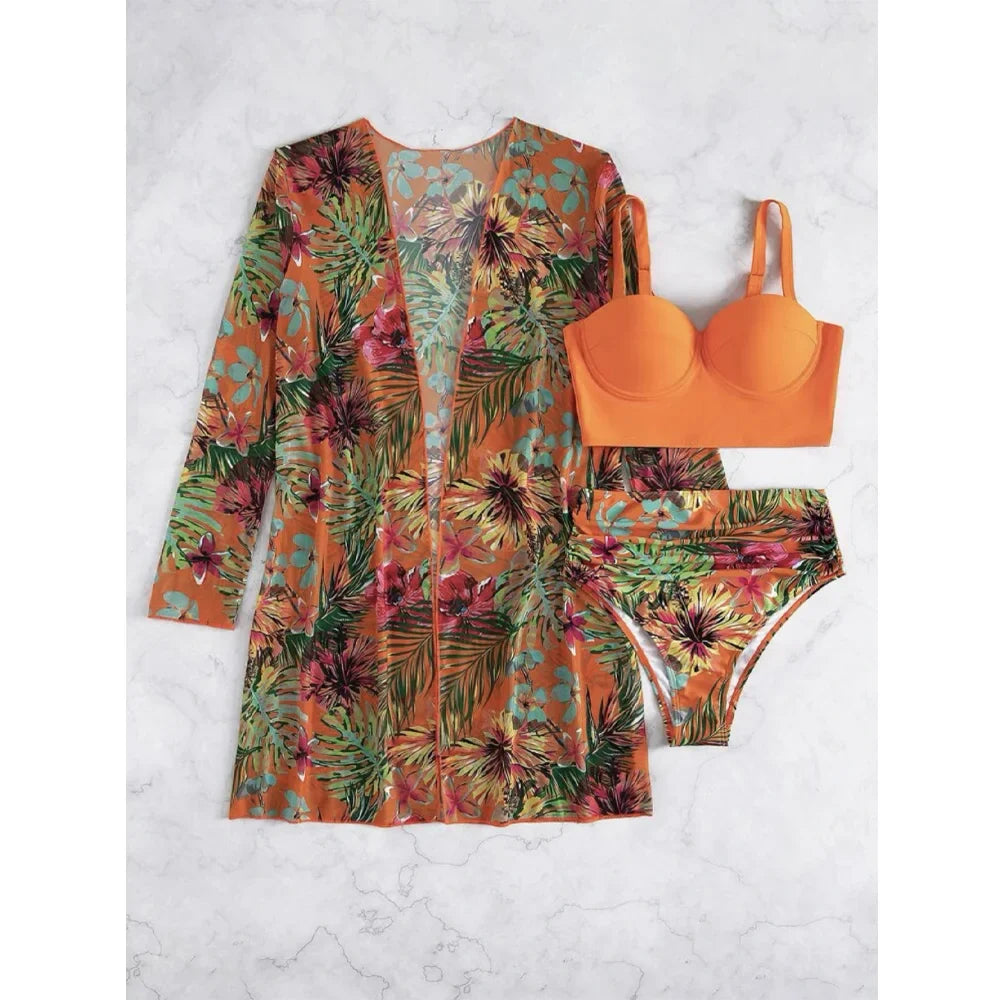 Three Pieces Bikini Set Cover Up Women New Push Up Twist Swimsuit Print Long Sleeve Swimwear Biquini Bathing Suit Summer