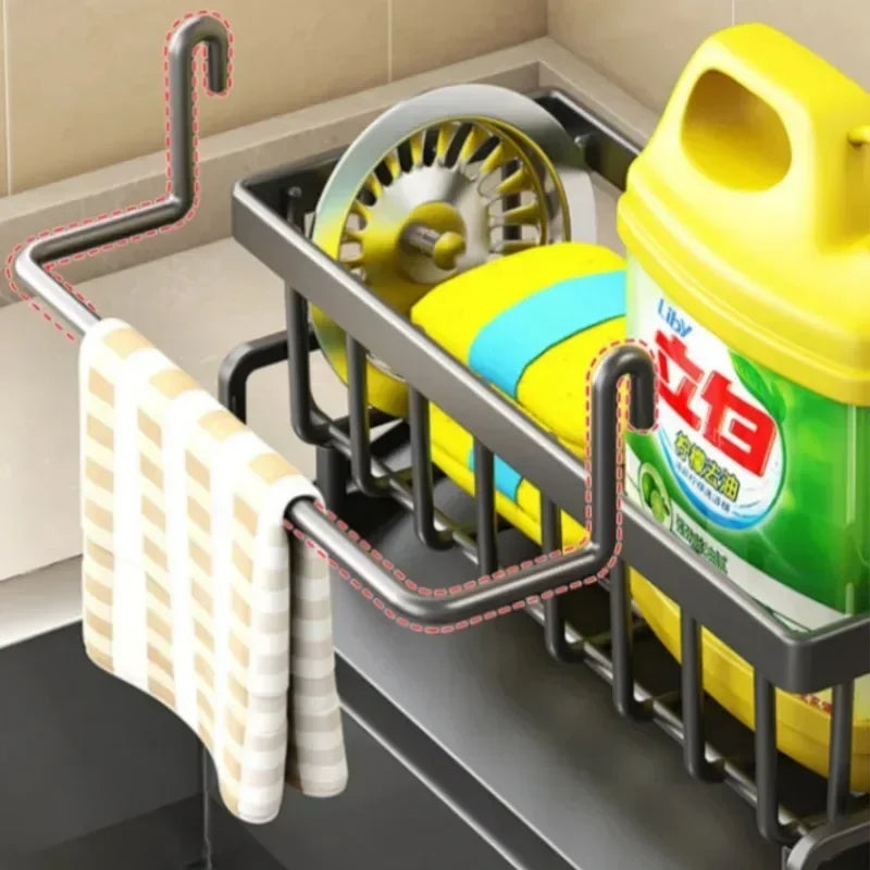 1Pc Multifunctional Plastic Kitchen Shelf, Rag Storage Drainage Rack with Hooks.