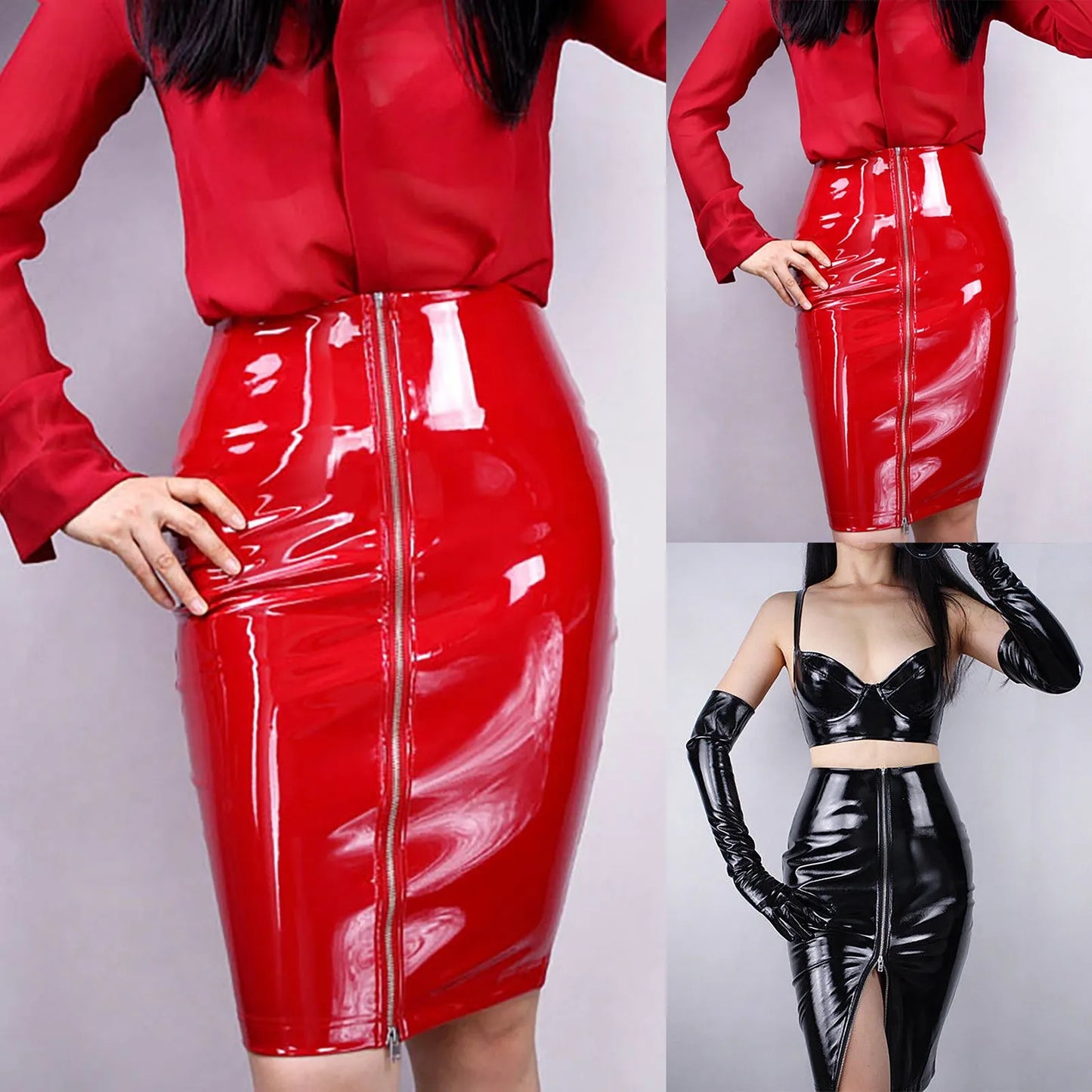 Skirt Women Plus Size Knee Length Shiny Pu Leather High Waist Skirt Tight Hip Pack Zipper Slit Skirt Elastic Faldas Largas