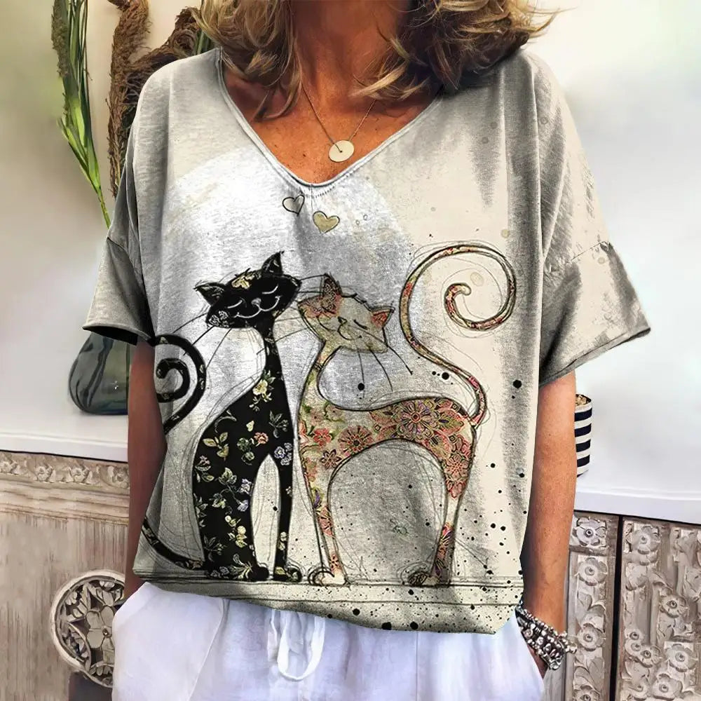 Women's T-shirt 3d Cute Cat Print V-neck Tops Summer New Kawaii Animal Short-sleeved Fashion Loose Large Size Women's Tops
