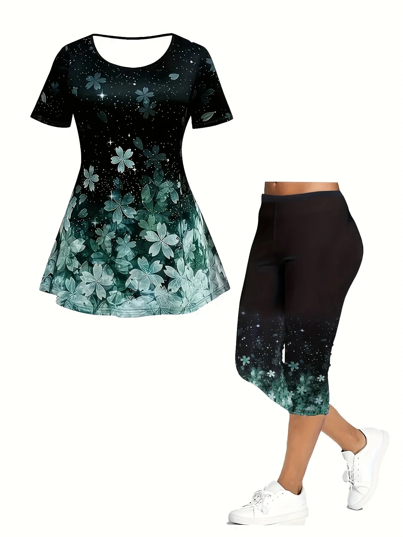 Plus Size Lady Suit Round Neck New Summer Casual Large Size Lucky Grass Print Short-Sleeved T-Shirt Pants Two-Piece Suit
