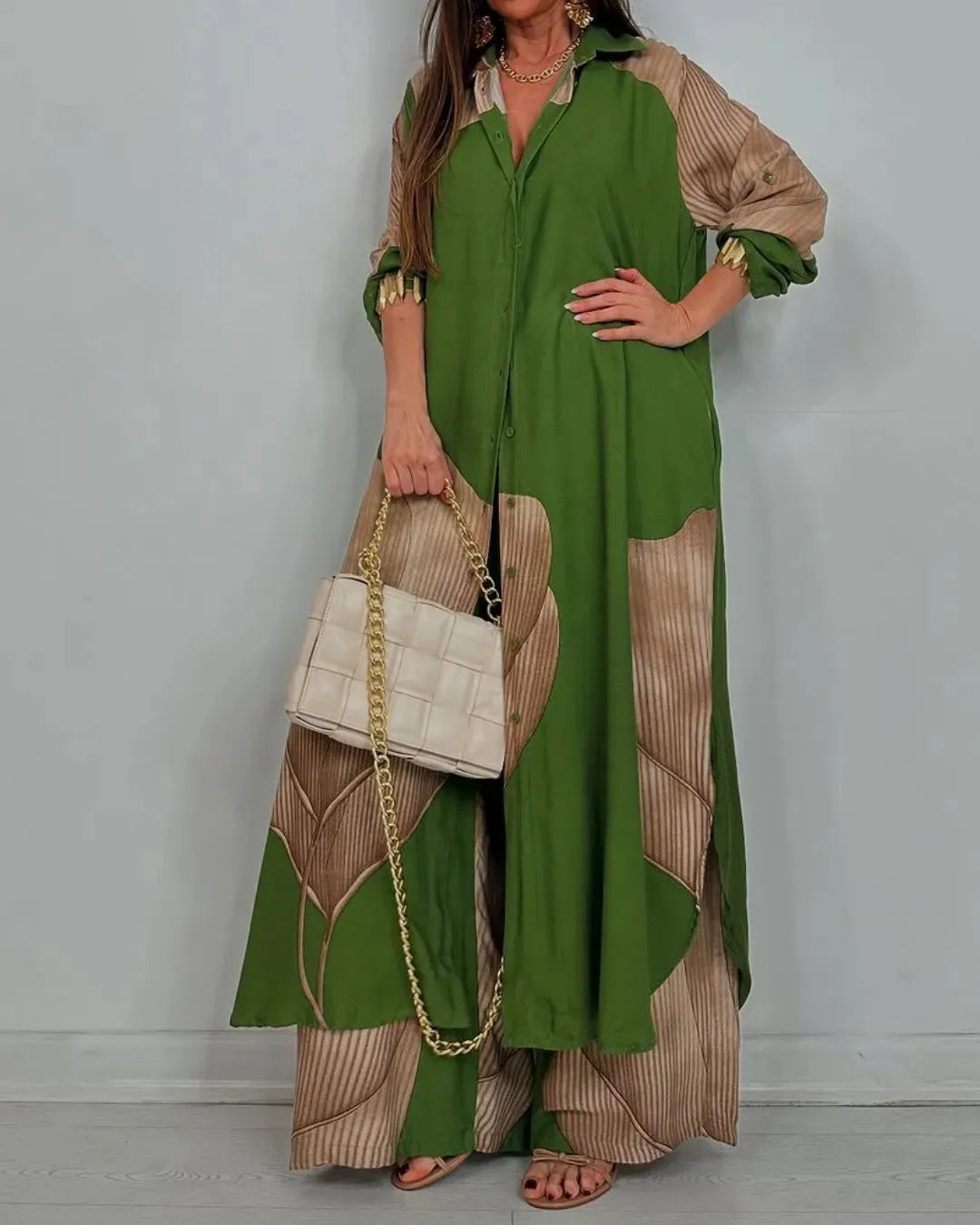Elegant Lady Set Printed Long Shirt Top Wide Leg Pants 2-piece Outfit Casual Loose Oversized Women Sets Casual Two-piece Outfit