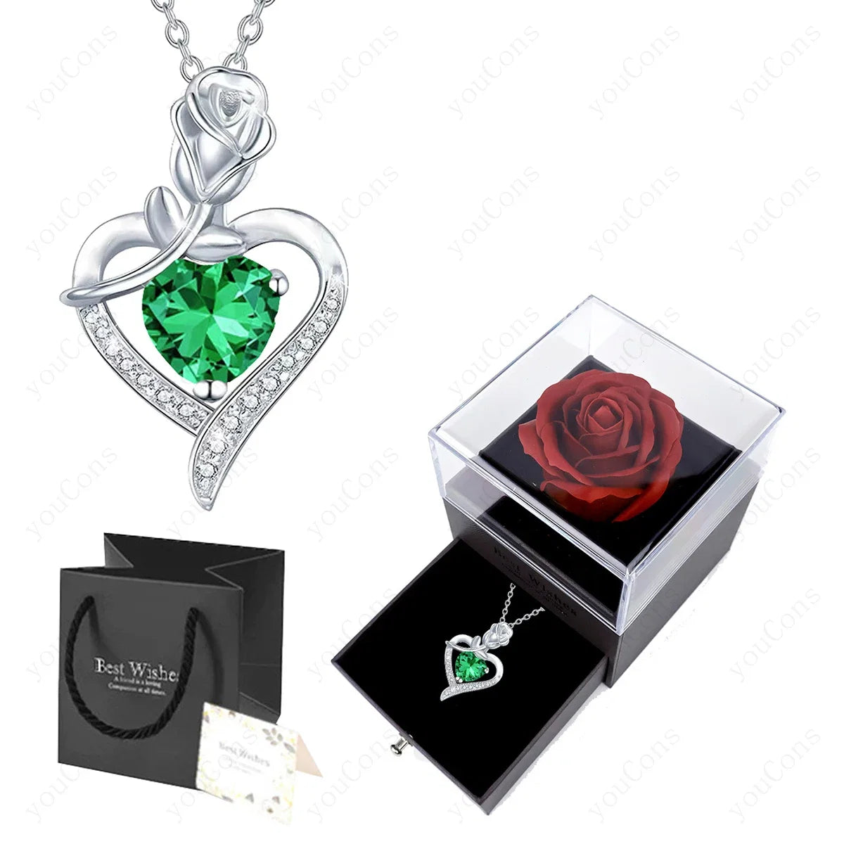 Luxury Red Zircon Heart Necklace With Rose Flower Gift Box For Girlfriend Birthday Valentine Gift  Romantic Accessories