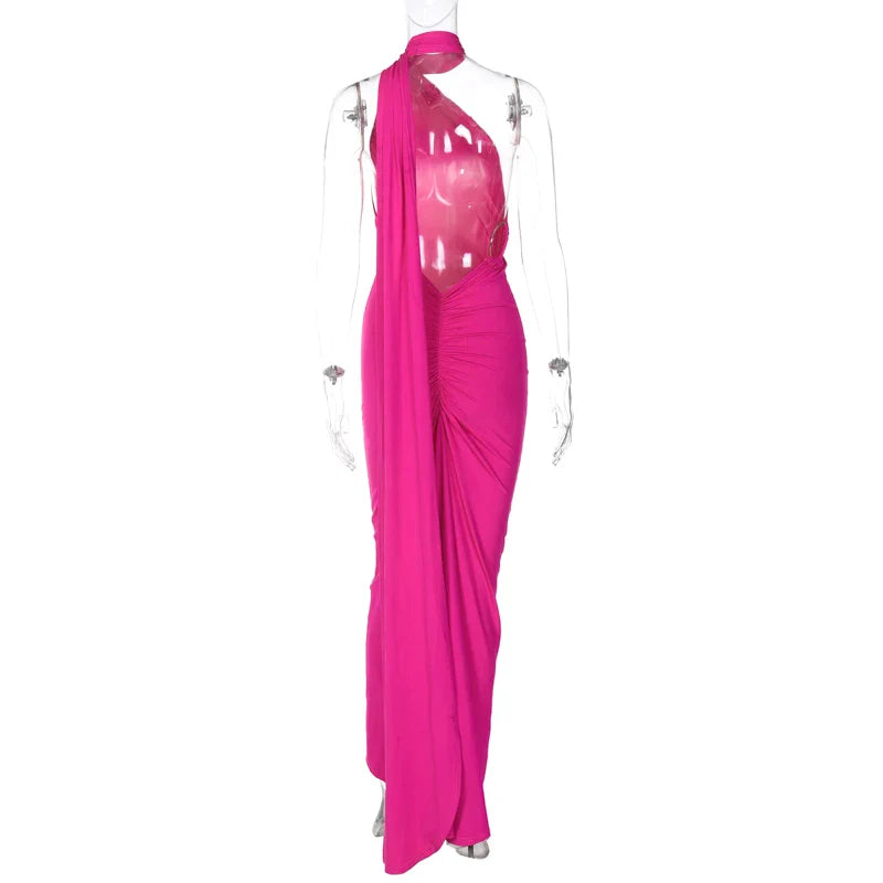 Hugcitar One Shoulder Backless Adjustable Scarf Loop Ruched Sexy Maxi Dress 2025 Women Elegant Y2K Streetwear Festival Outfit