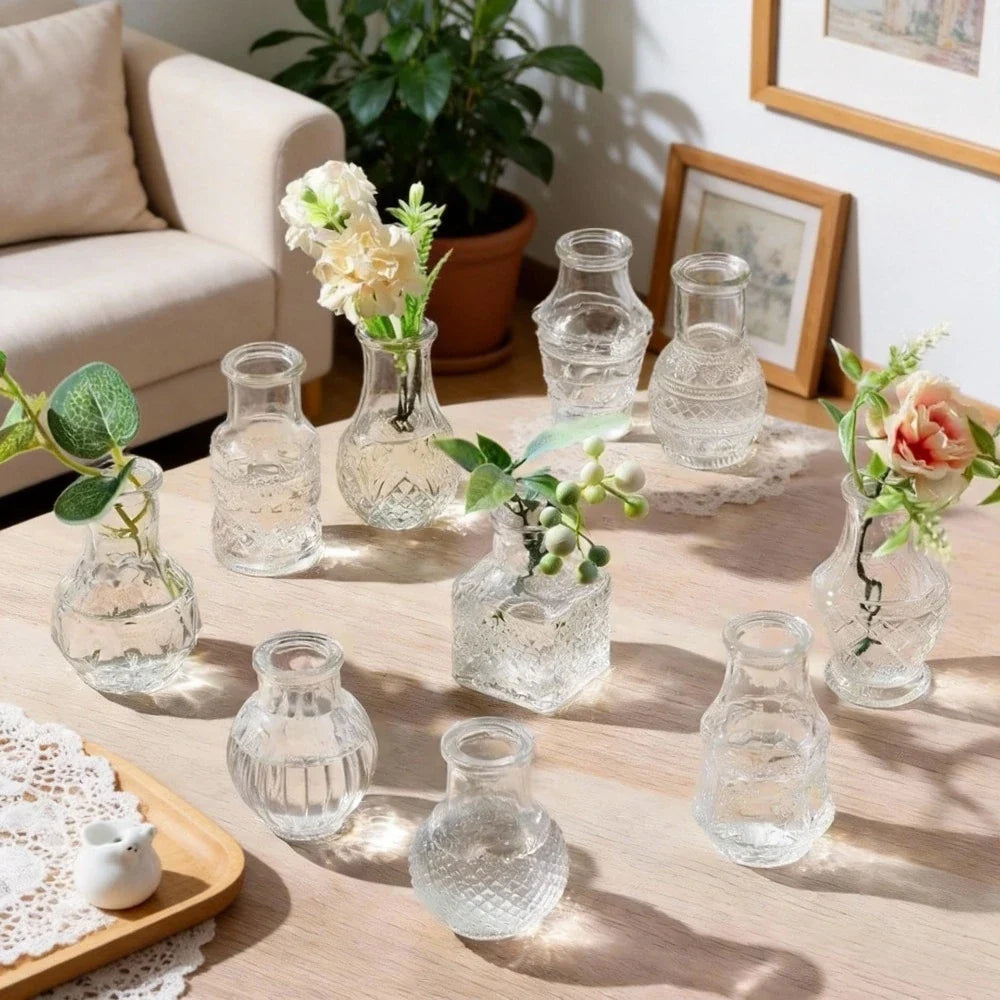 10/20Pcs Mini Glass Vase Modern Clear Hydroponic Flower Vase Retro Relief European Home Desktop Scene Wedding Party Decoration